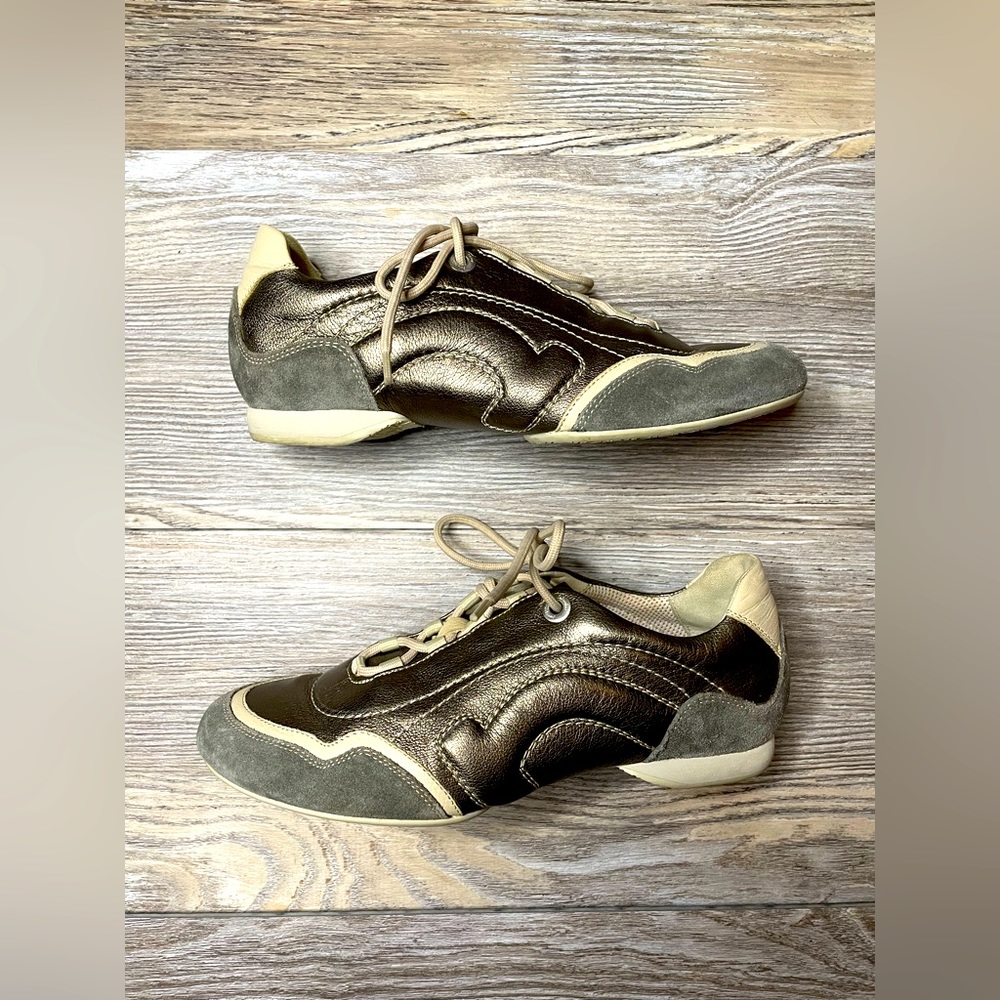 Salvatore Ferragamo Gold Taupe Metallic Gray  Leather Suede Casual Sneakers 6.5